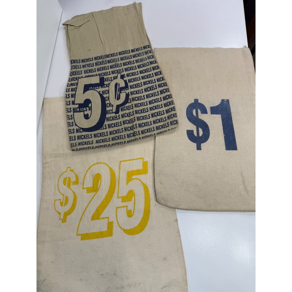Vintage Canvas Bank Money Bags Set $25 $1 5 Cent Nickels Cloth Pouch 3pc Lot